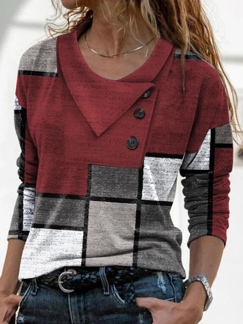 Cowl Neck Geometric Buttoned Casual T-Shirt/Tee