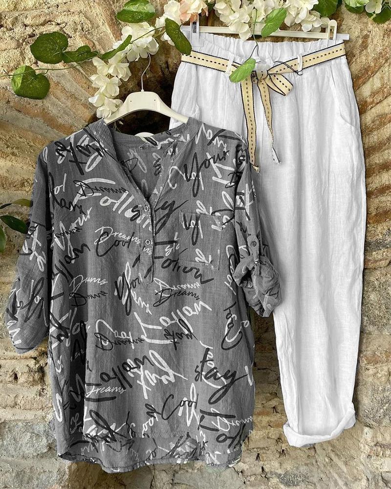 V-Neck English Print Short Sleeve Two-Piece Suit
