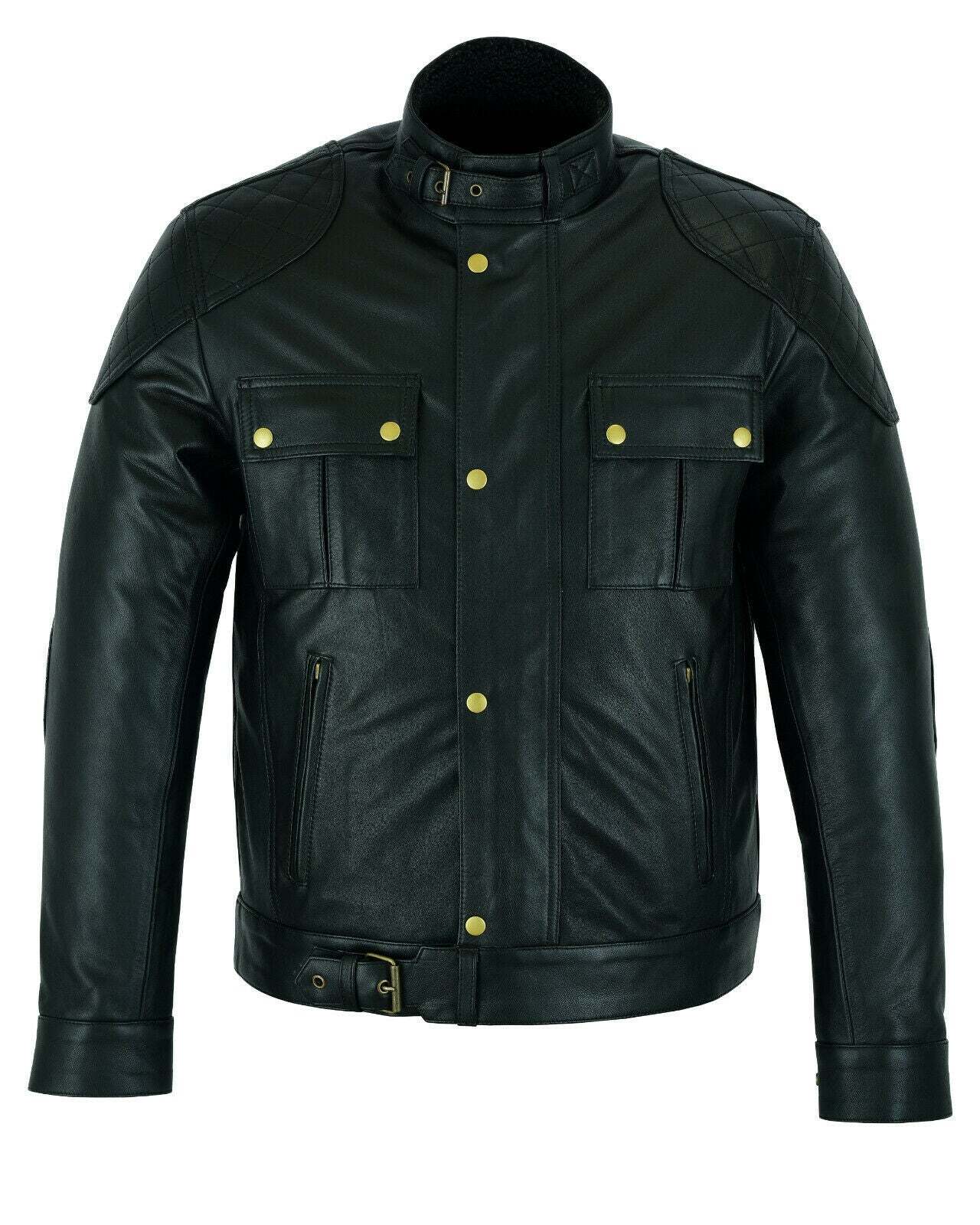 Mens Soft Cowhide Fashion Leather Jacket Biker Style with Fur & Armour Pockets