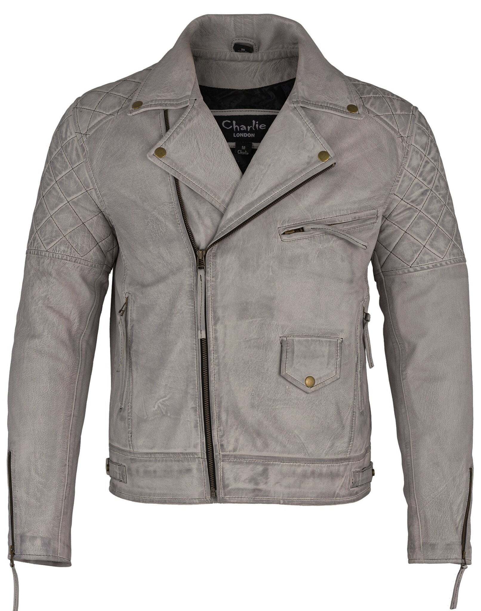 Mens Ashwood Diamond Vintage Grey Biker Style Leather Jacket