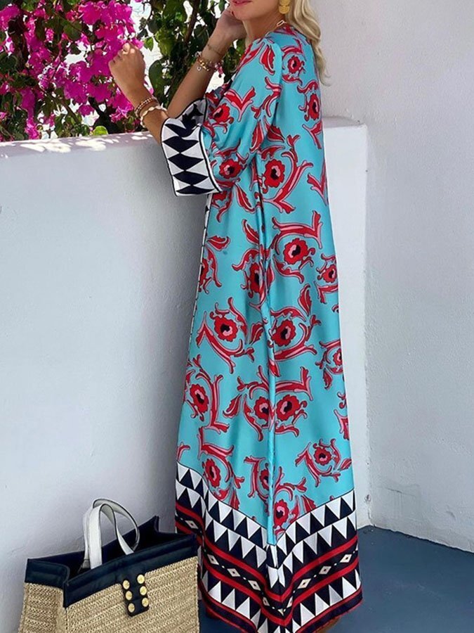 Fashion Printed Long Sleeve Ethnic Holiday Dress