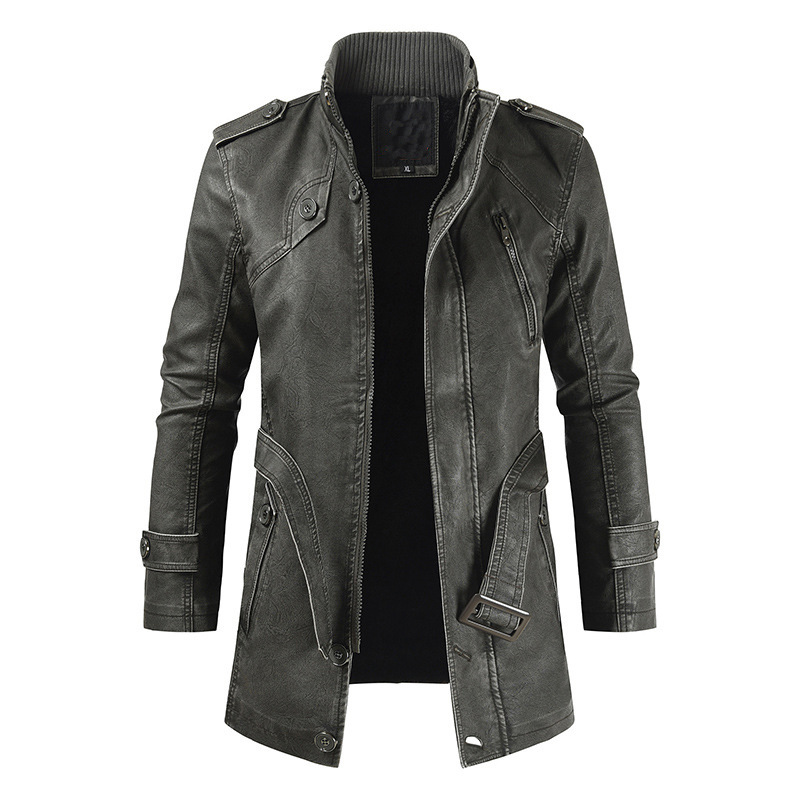 Mens outdoor long leather cold-resistant jacket