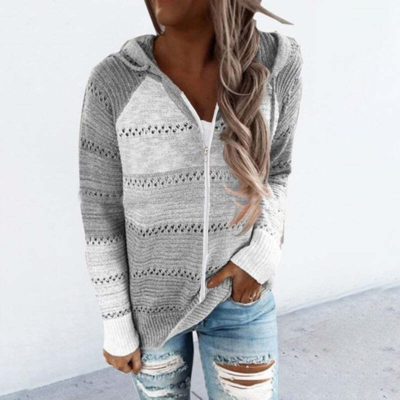 Casual Contrast Panel Striped Hooded Knit Cardigan