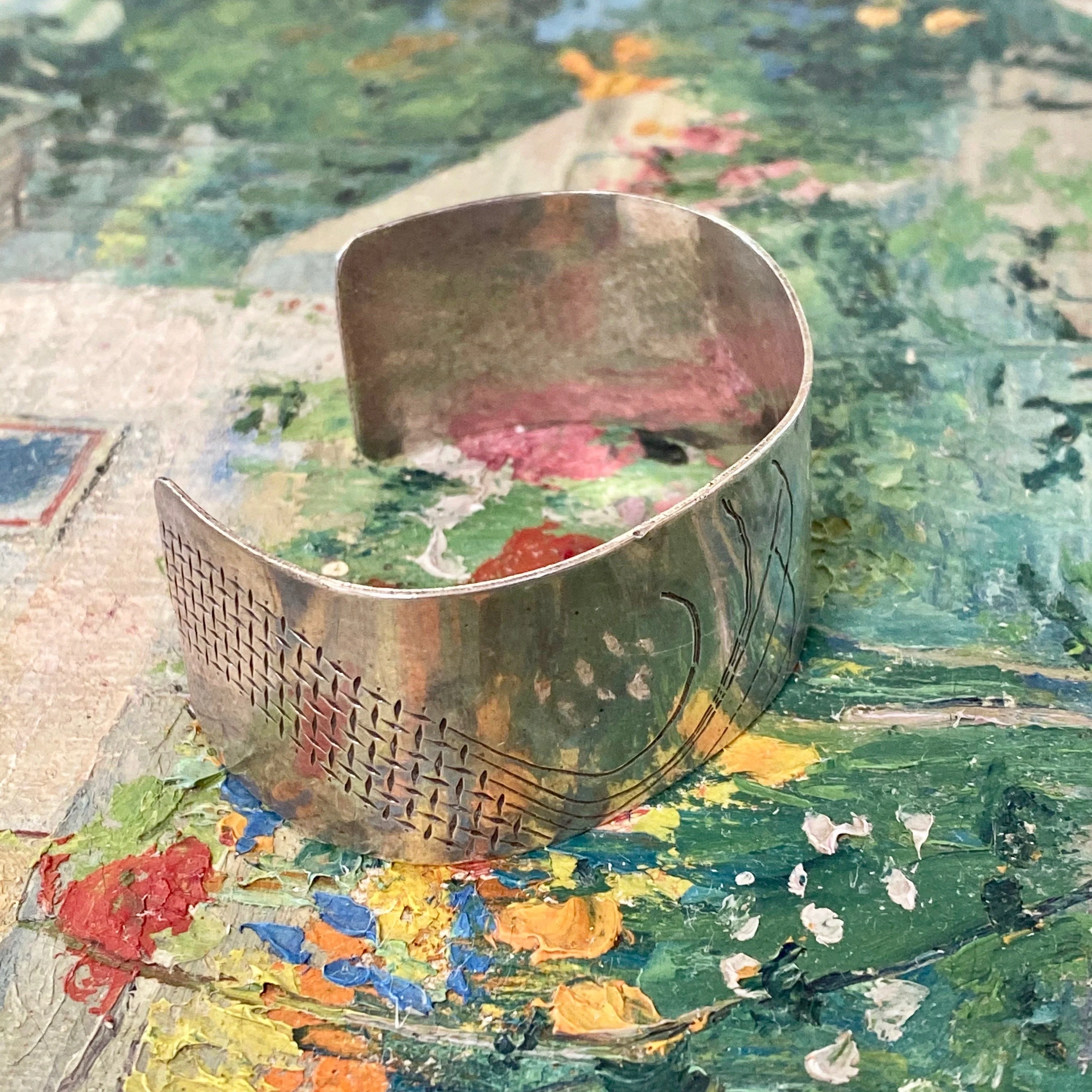 Mid- Century Impressionist Style Wide Cuff Bracelet in Sterling Silver