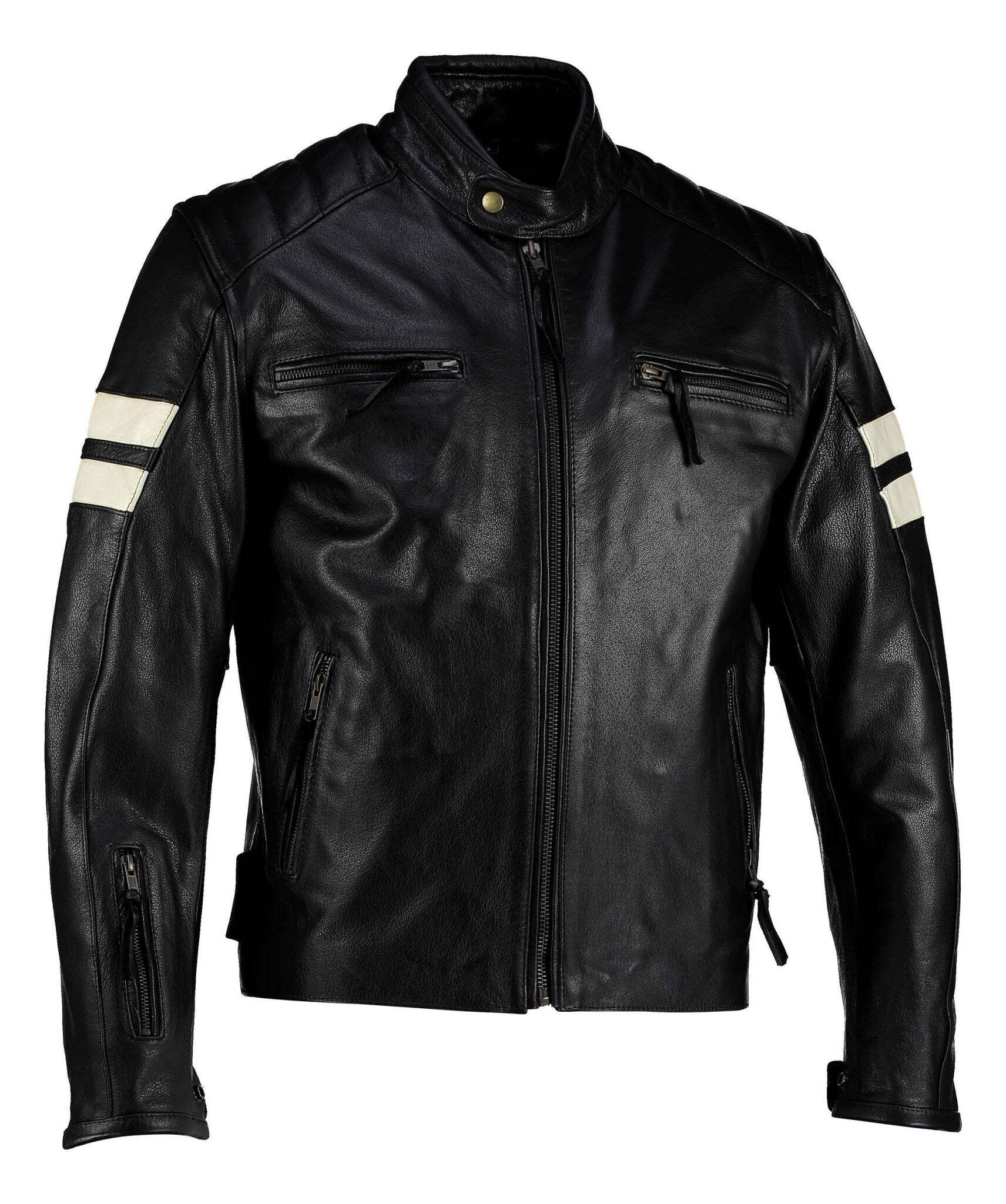 Roma Black Distressed Creme Stripes Cruiser Biker Leather Jacket