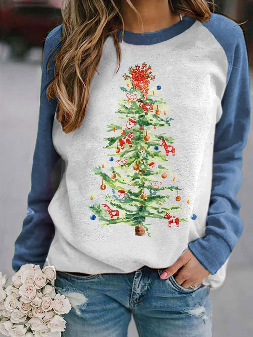 Women's Merry Christmas Tree Painting Print Sweatshirt