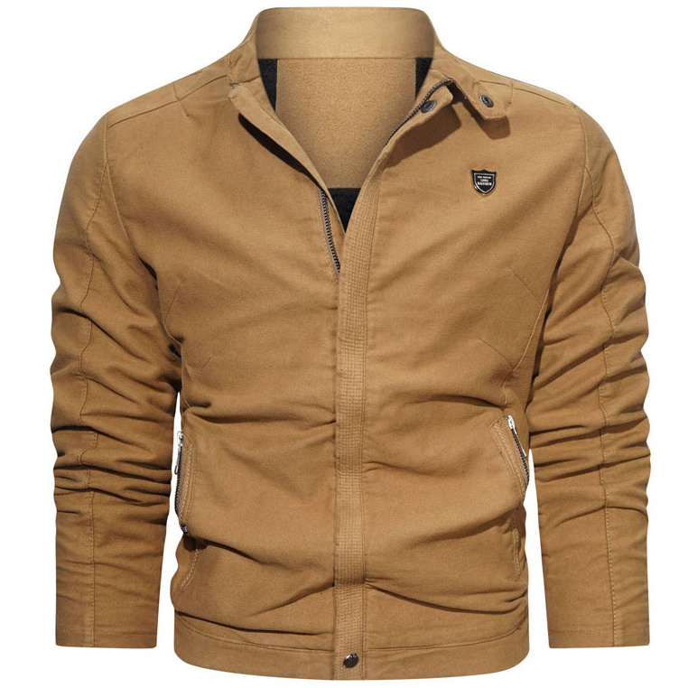 Men's Casual Washed Cotton Solid Color Stand Collar Jacket