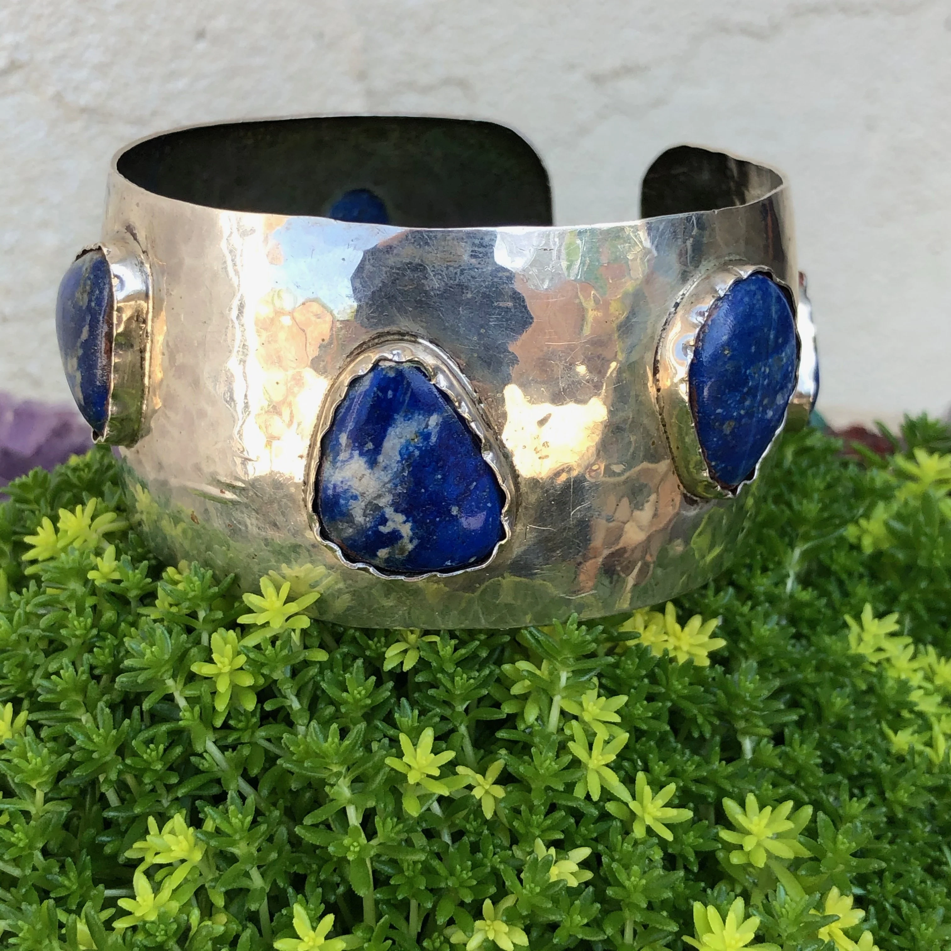 Wide Cuff Bracelet with 6 Denim Blue Lapis Lazuli Stones Sterling Silver