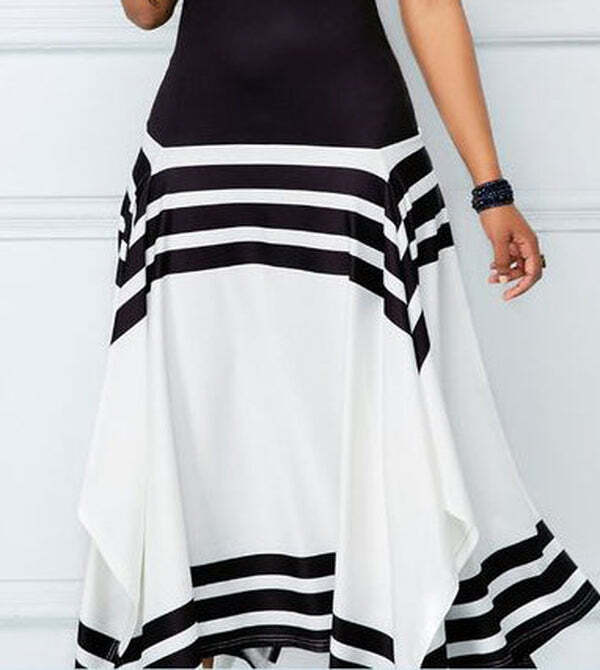 Striped Black  White Color Block Asymmetrical High Neck Dress