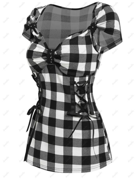 Corset Lace Up Sweetheart Neck Plaid Checkerboard T Shirt and Plaid Panel Wide High Waist Zipper Detail Capri Leggings Summer Casual Outfit