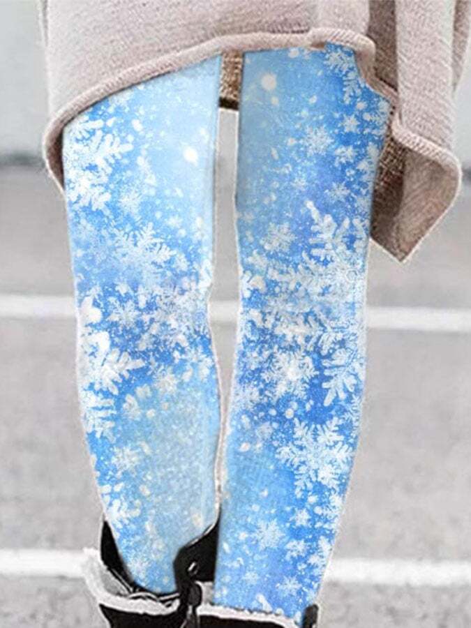 Casual Blue Snowflake Print Leggings