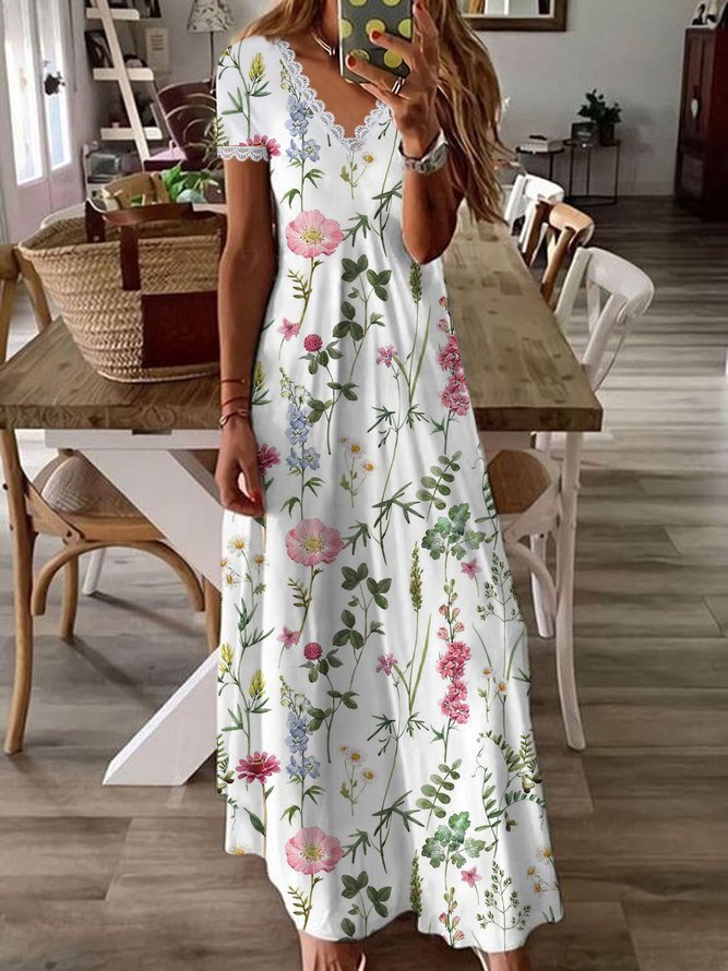 Garden Print V-Neck White Maxi Summer Dress