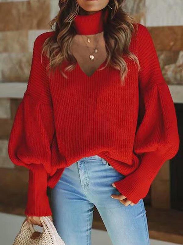 Casual loose long-sleeved V-neck cutout sweater