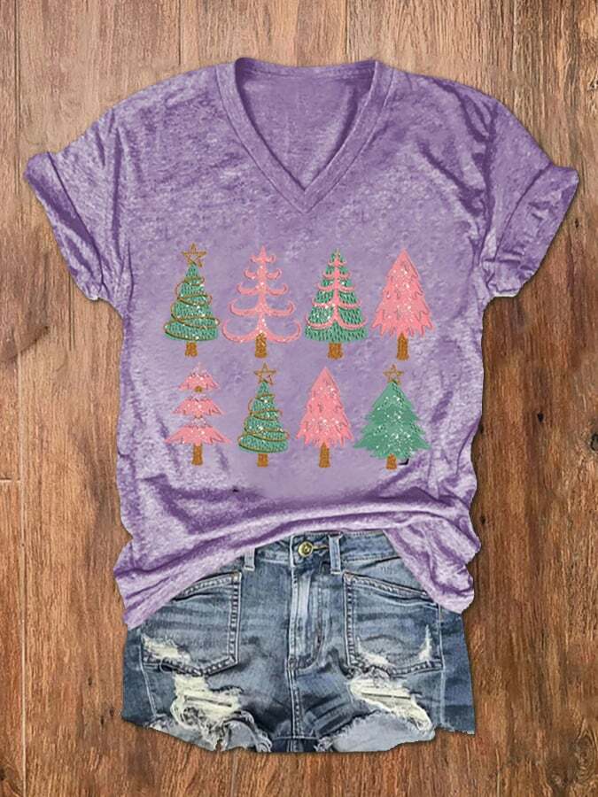 Women's Christmas Tree Print V-Neck T-Shirt