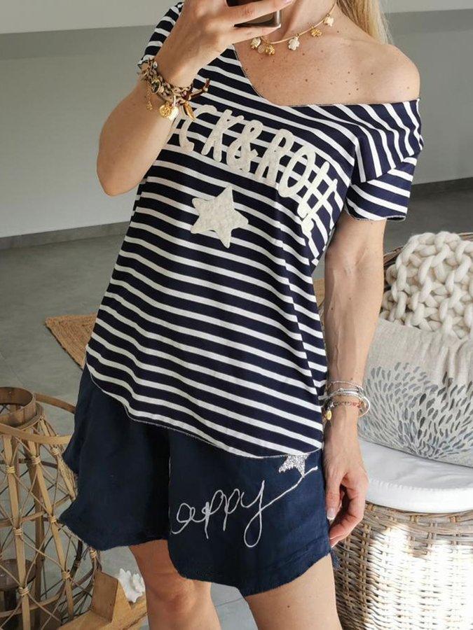 Dark Blue Striped Short Sleeve Casual Suits