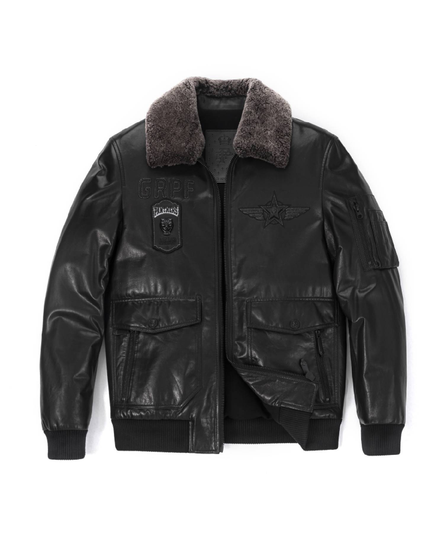 Black Pattern Patches Fur Collar Leather Bomber Jacket