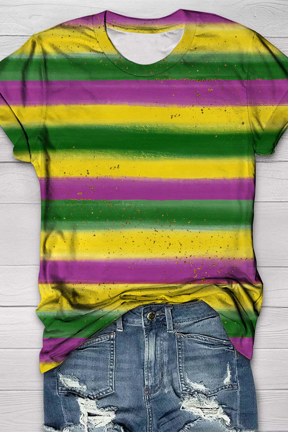 [CLEARANCE SALE]Vintage Mardi Gras Carnival Purple Green And Gold Splash Color Block Print Round Neck Short Sleeve T-shirt