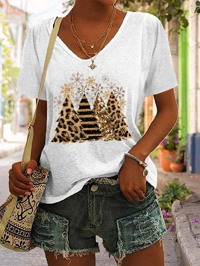 Women's Leopard Christmas Tree Print V-Neck Short Sleeve T-Shirt