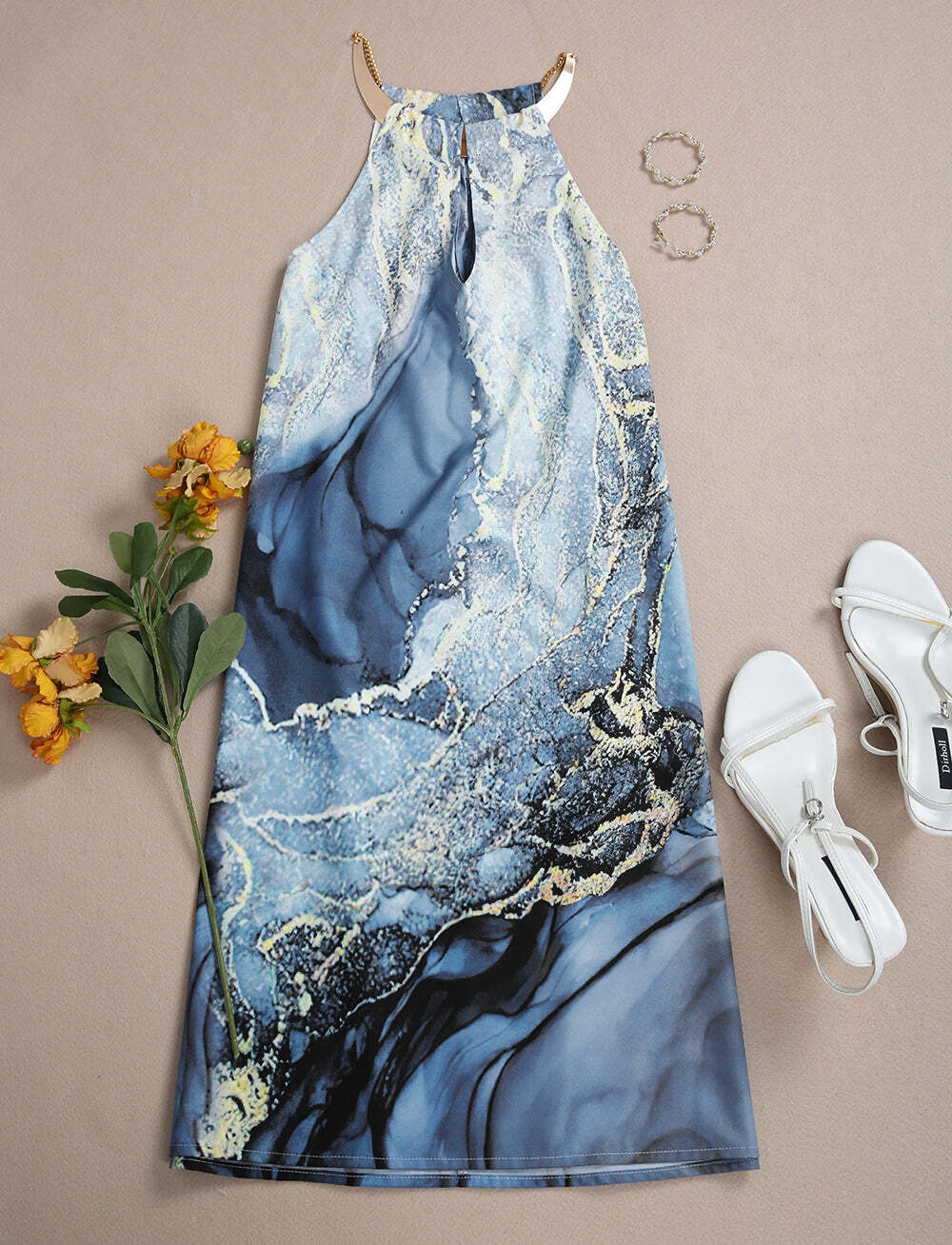 Glam Night Gold Marble Print Ocean Wave Mini Dress
