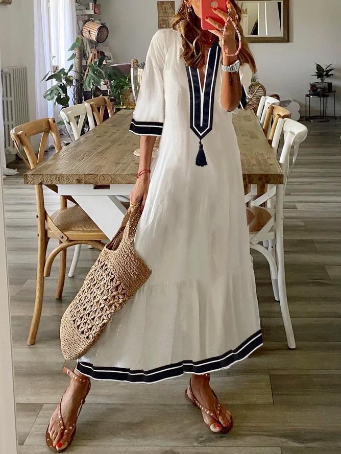 Sailor Blue White Tassel V-Neck Midi Dress