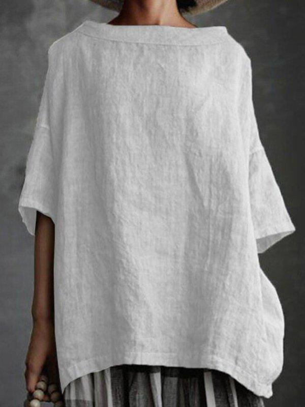 Ladies Cotton Linen Round Collar Loose Casual Shirt
