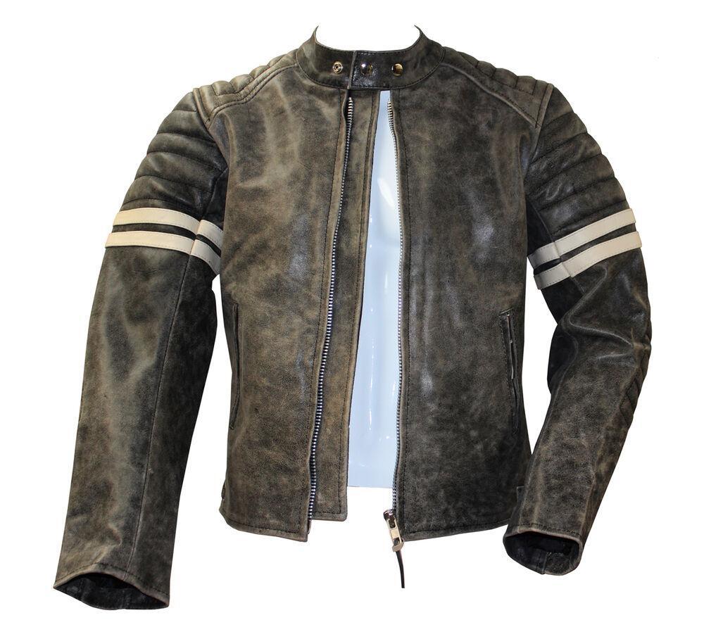 Vintage Fight Club Leather Biker Jacket with white stripes