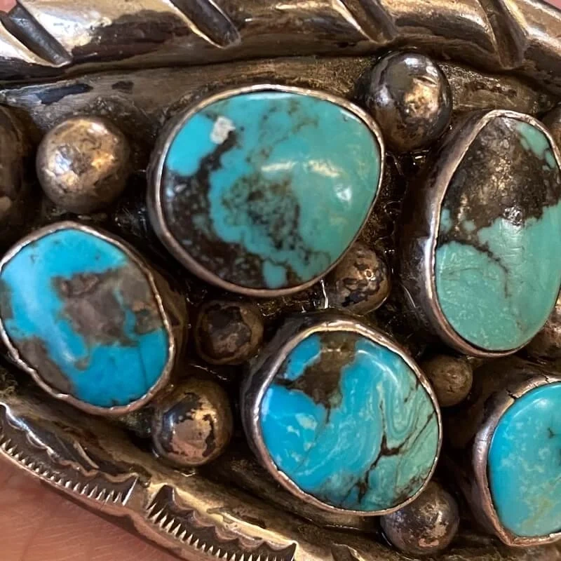 Vintage Stormy Mountain Cluster Turquoise Bracelet in Sterling Silver Navajo