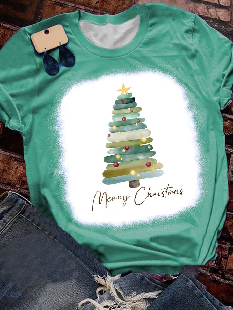 Women's Merry Christmas Tree r Print Splatter T-Shirt