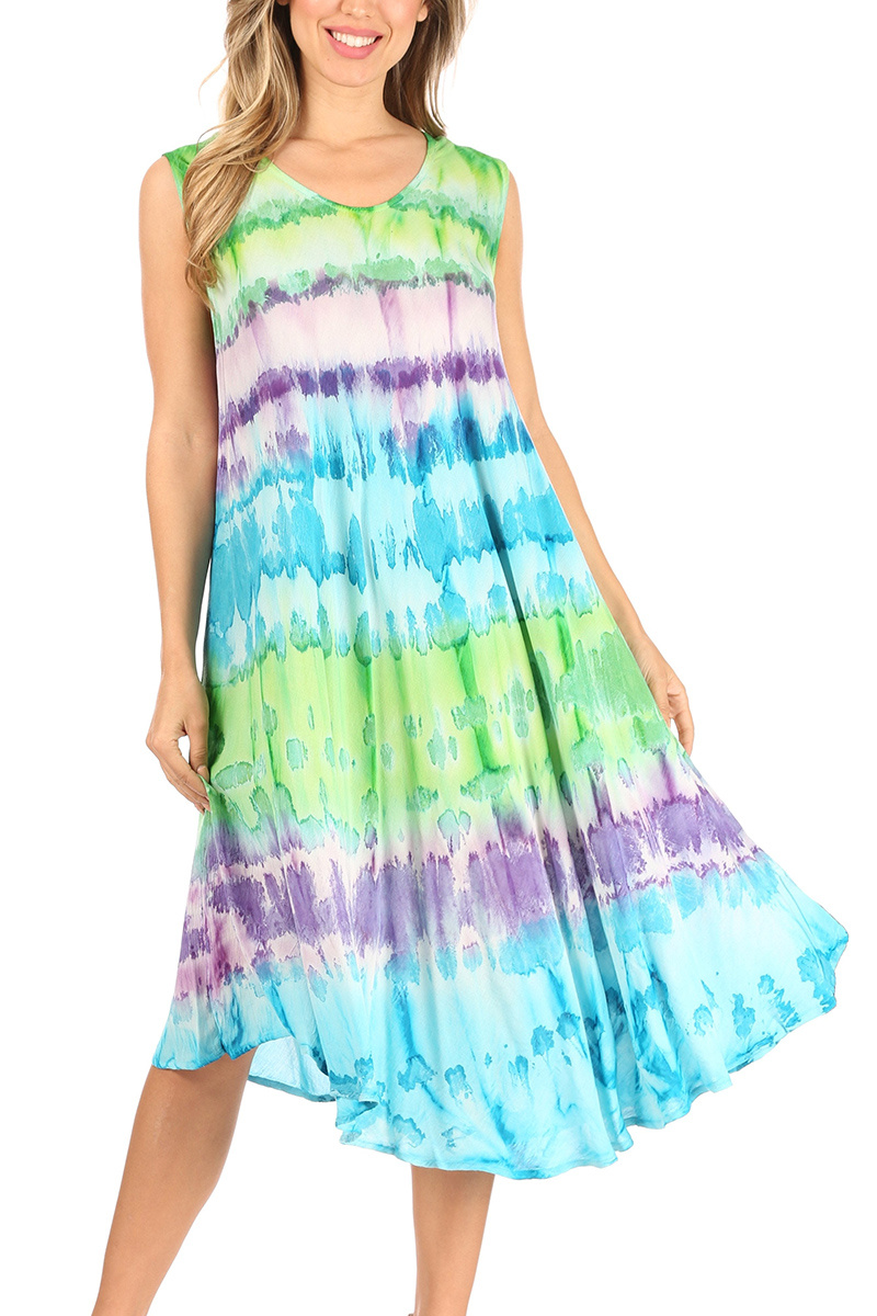Plus Size Tie Dye Print Asymmetric Hem Sleeveless Midi Dress