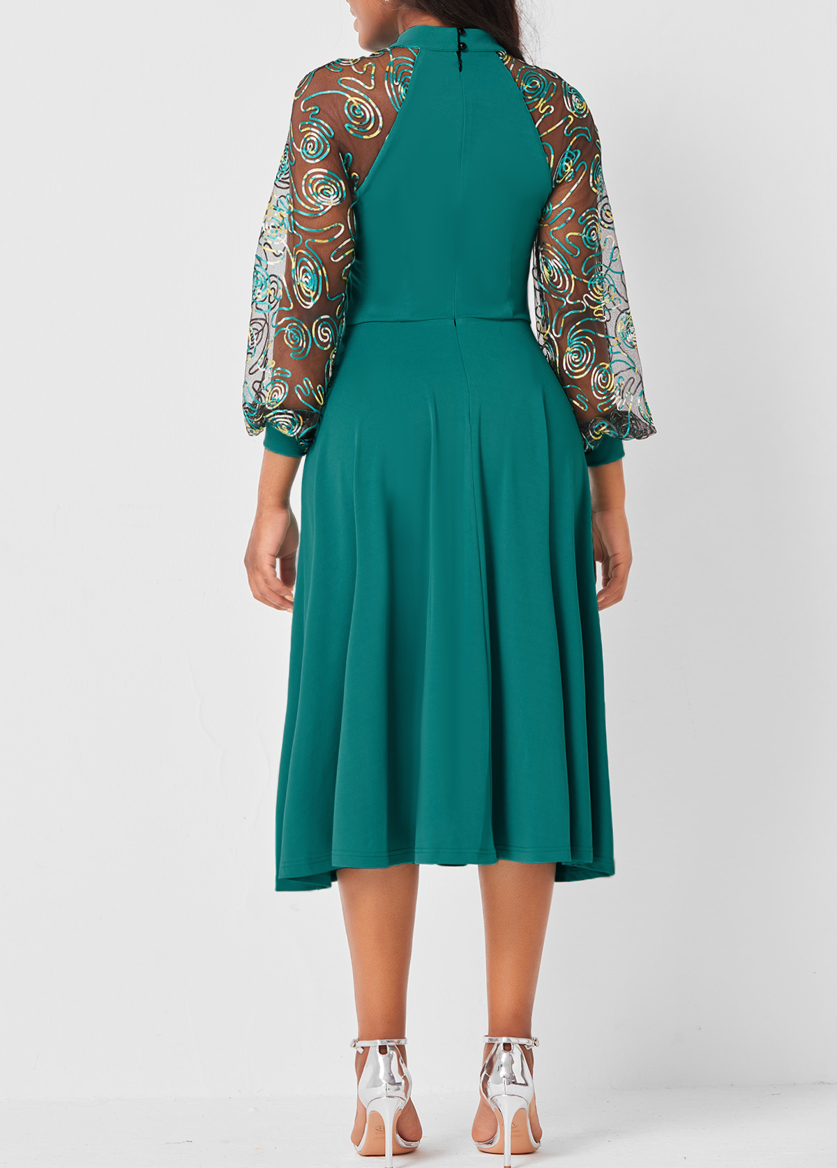 Green Sheer Mesh Decorative Button Dress - spaciova