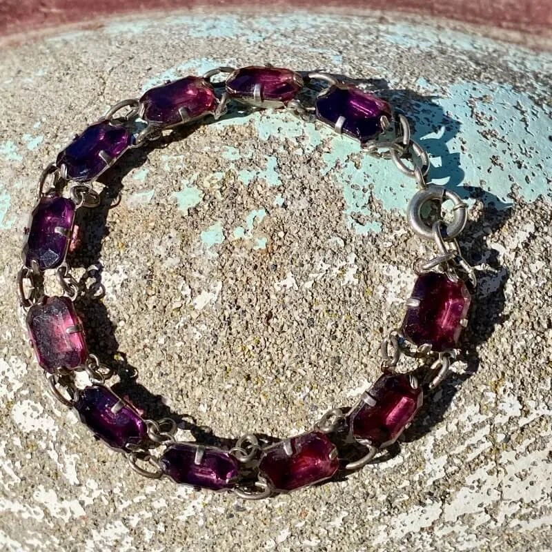 Sterling Silver Bracelet set with Purple Glass Faceted Stones1940s
