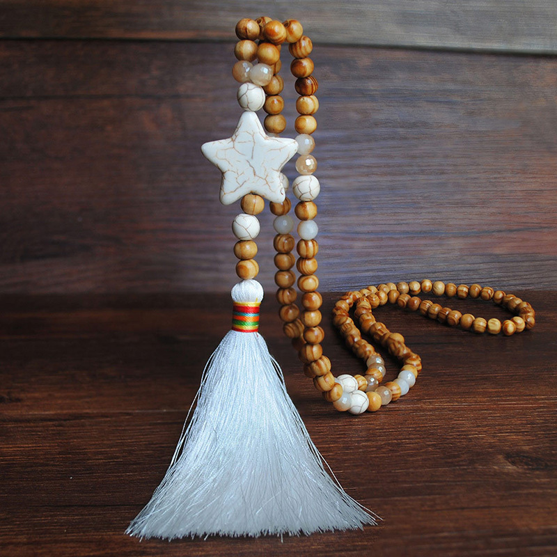 Crystal Beads Love White Turquoise Handmade Beaded Wood Beads Long Necklace