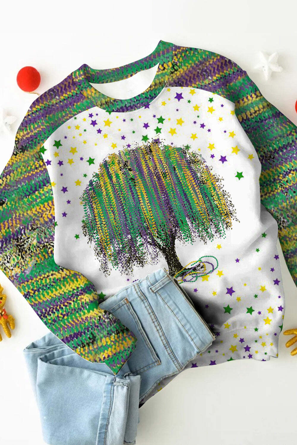 [CLEARANCE SALE]New Orleans Mardi Gras Watercolor Bead Tree Print Sweatshirt