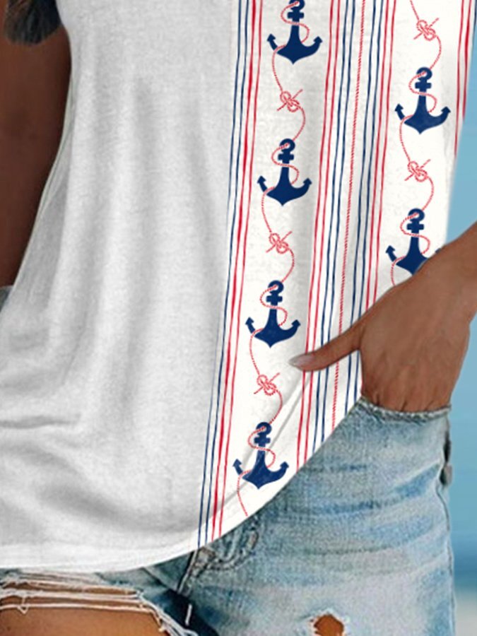 V-Neck Contrast Anchor Print T-Shirt