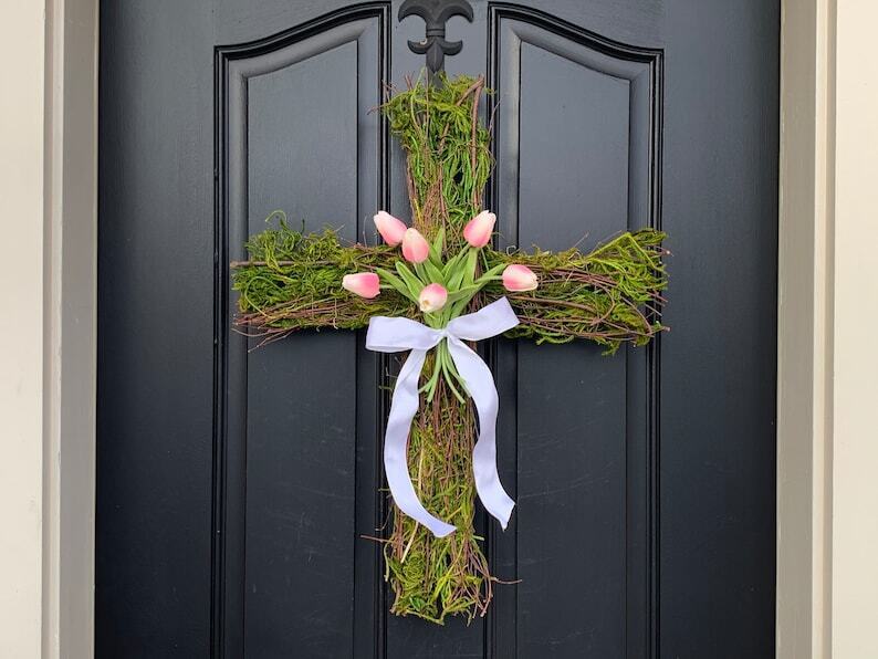 Easter Cross for Front Door, Cross Wreath, Easter Decor, Tulips for Easter, Easter Gifts for Mom, Retirement Home Decor