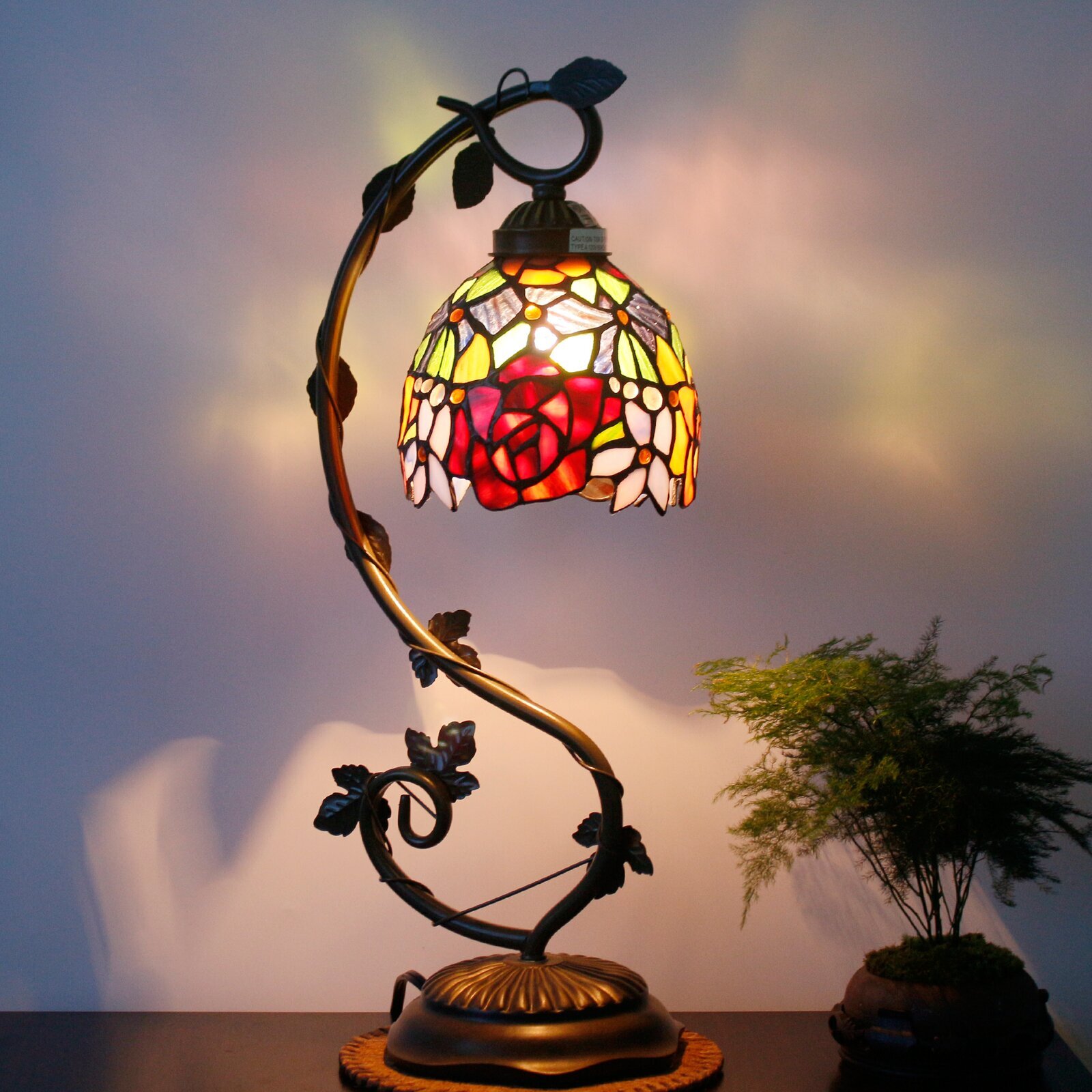 Bedside Table Lamp - World Menagerie Tiffany Style Stained Glass Lamp, Red Rose Nightstand Reading Desk Light W6H22 Inch S001, Lover Girlfriend Women Kid's Living Room Bedroom Office Coffee Bar Craft Gift