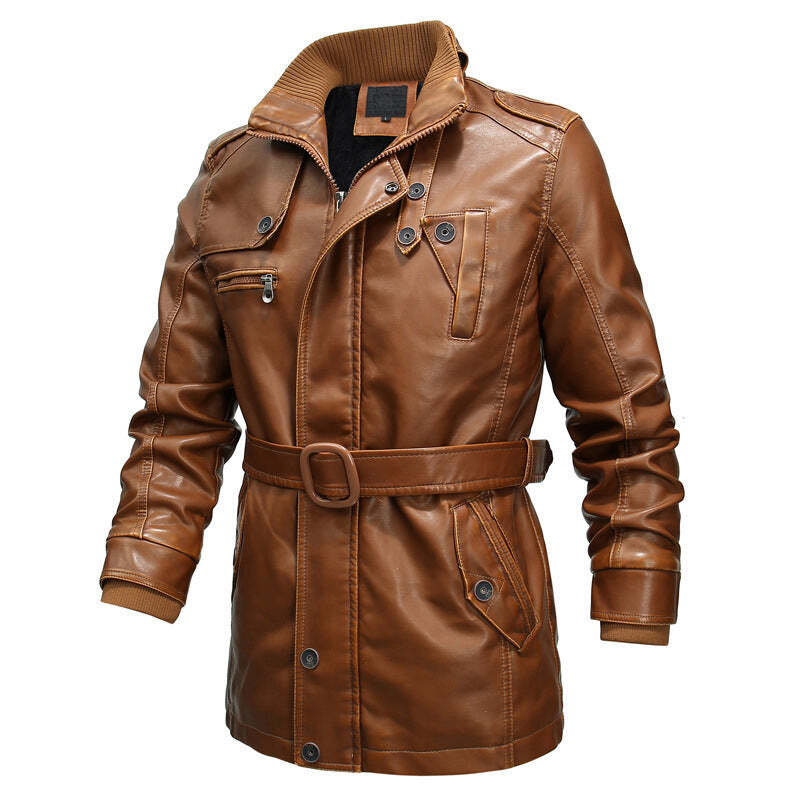 Men's With Belted Motorcycle Washed Leather Jacket