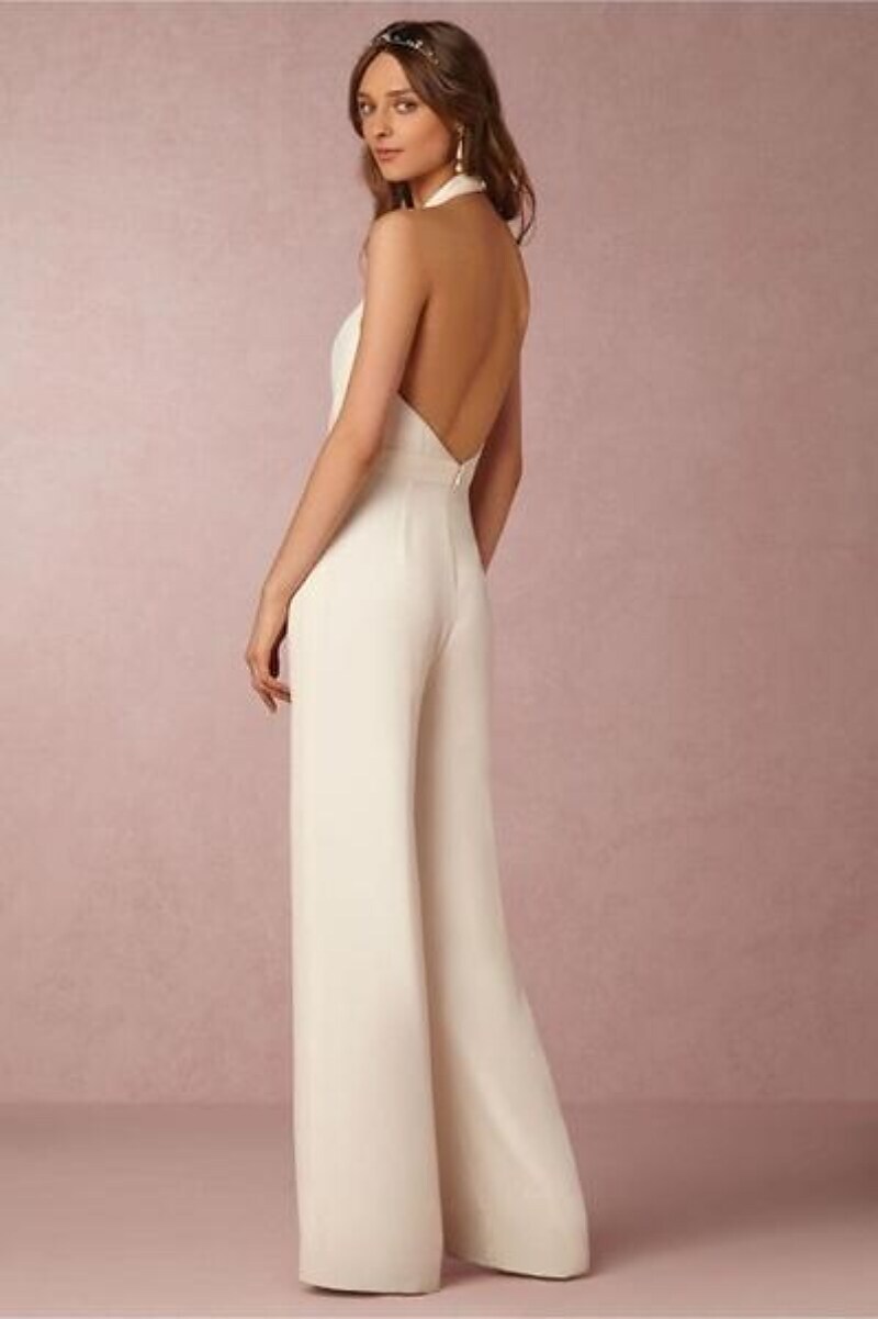 Women's Elegant Sexy Party Wedding Holiday Halter Neck Deep V Wide Leg Green White Black Jumpsuit Solid Color Backless Zipper