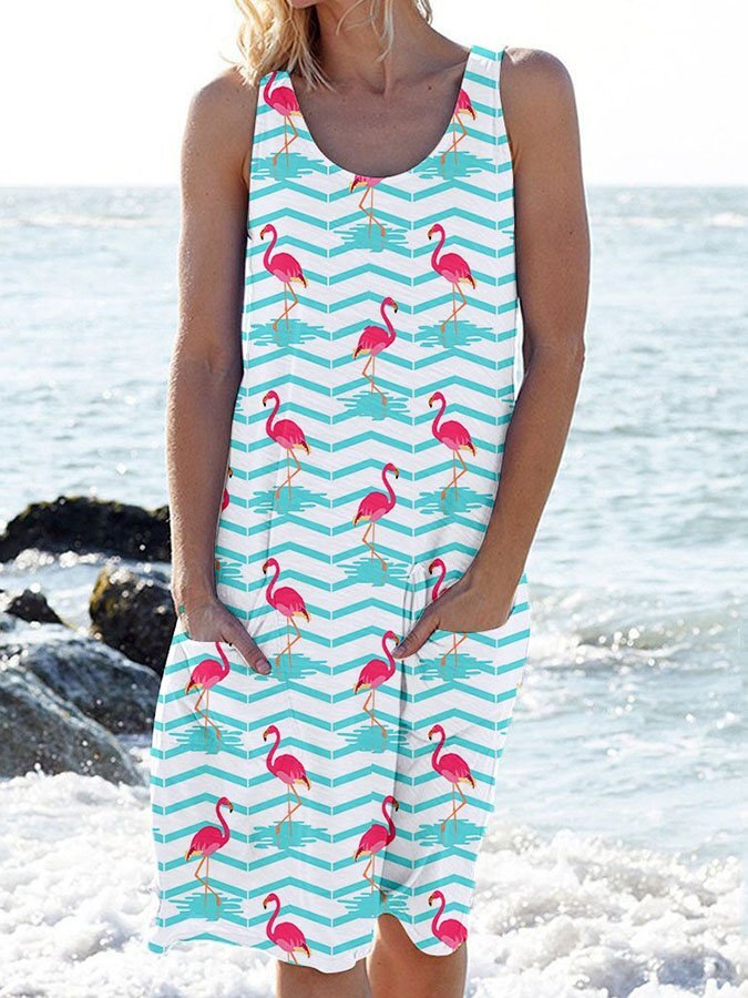 Printed Beach Dress Crew Neck Sleeveless
