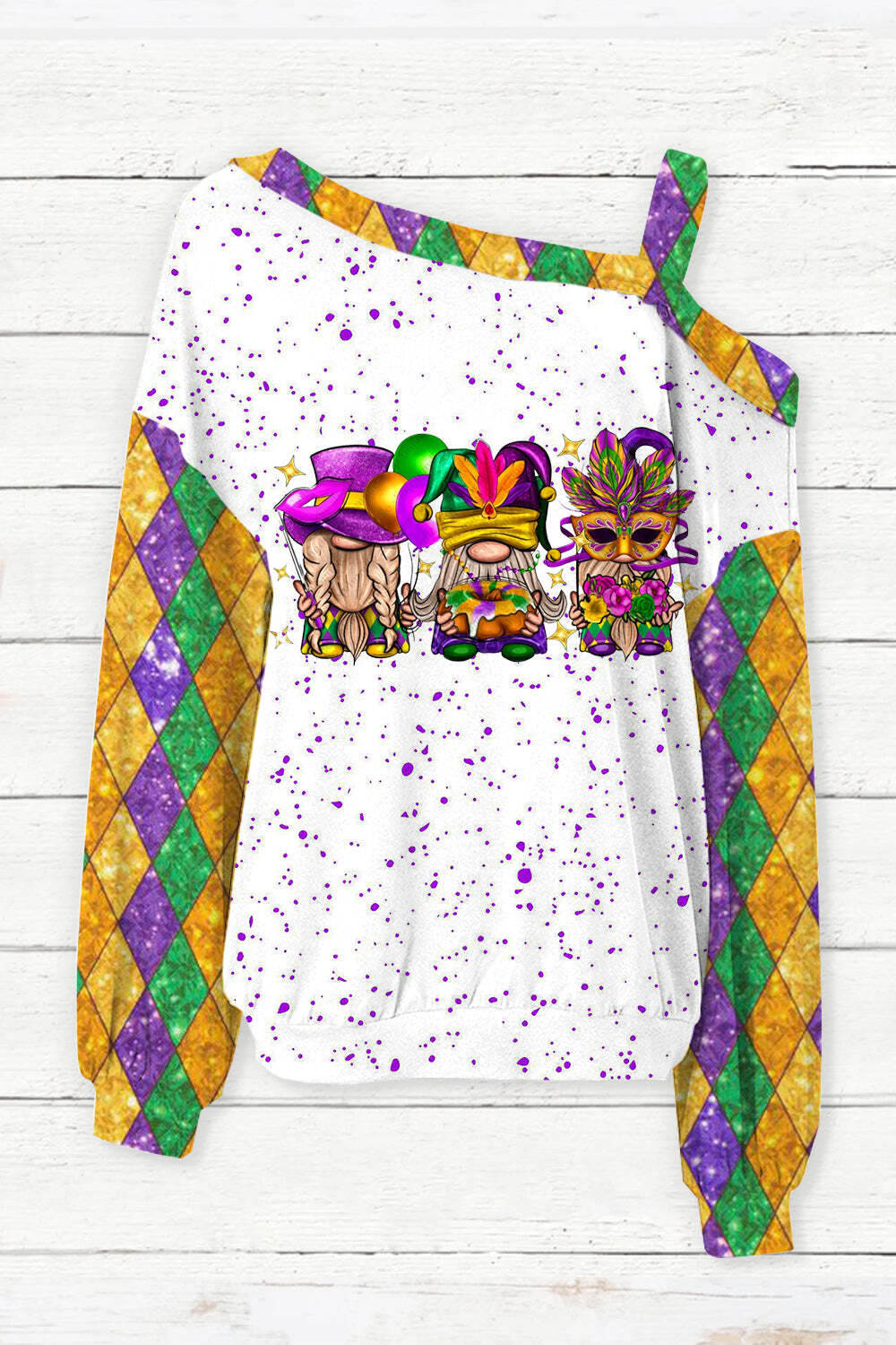 [CLEARANCE SALE]Mardi Gras Gnomies Cakes Flowers And Balloon Print Off-Shoulder Blouse