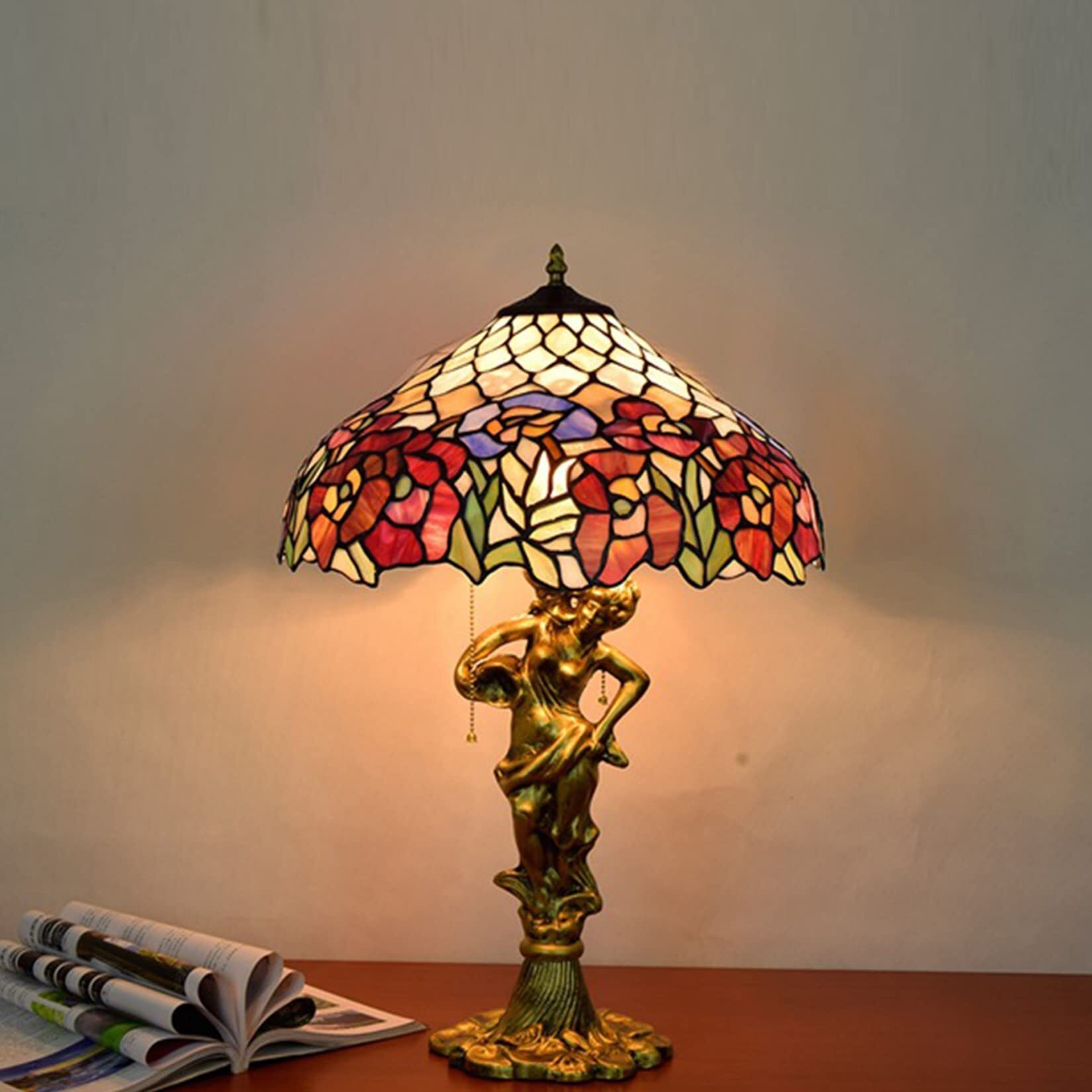 Red Rose Table Lamp, Stained Glass Shade