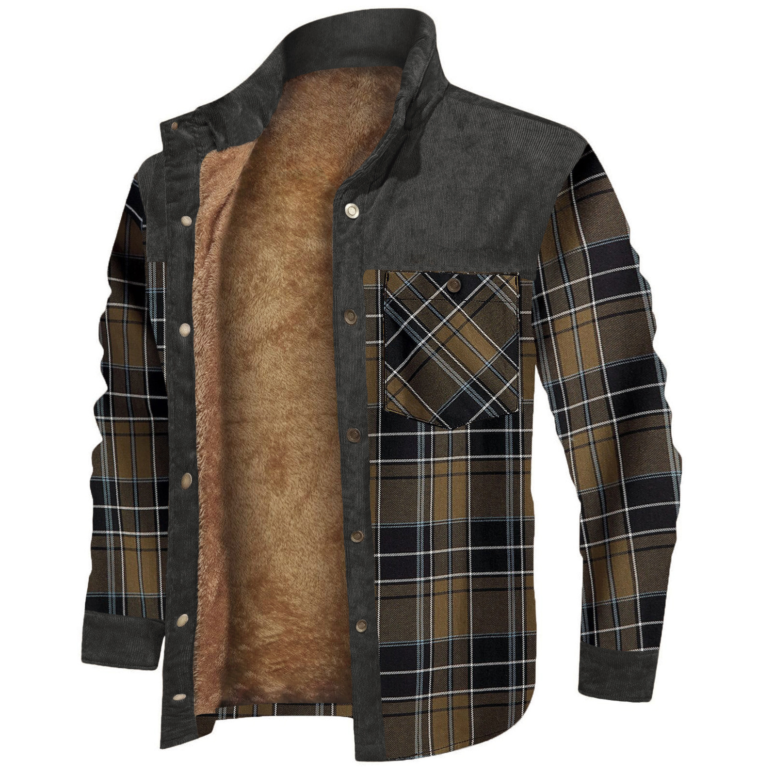 Men's Retro Check Stitching Fleece Warm Shirt Jacket Wanderer Jacket