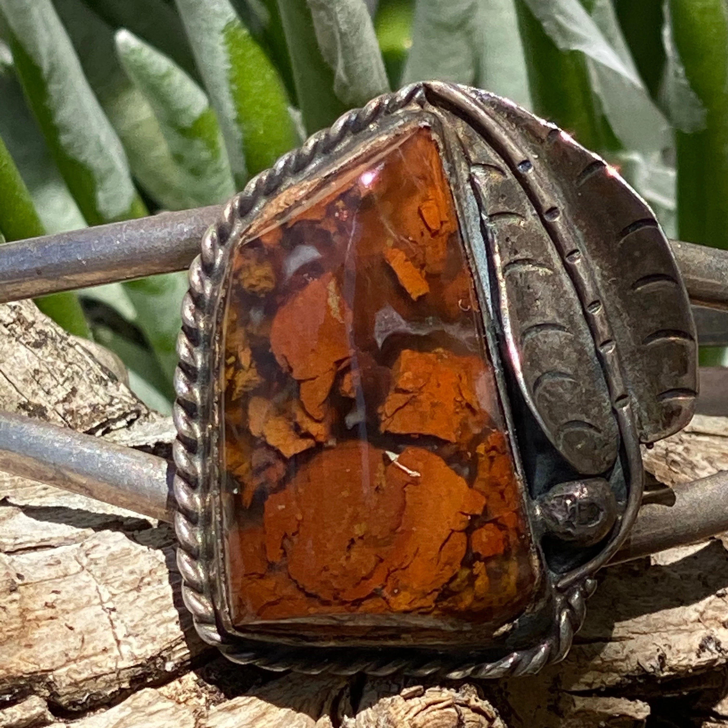 Early Navajo Bracelet with Red Petrified Wood by Lee G. Sterling Silver