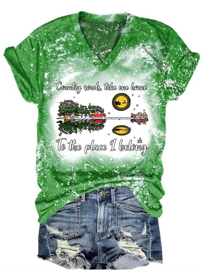 Christmas Country Roads Take Me Home Guitar Lake V Neck Print T-Shirt