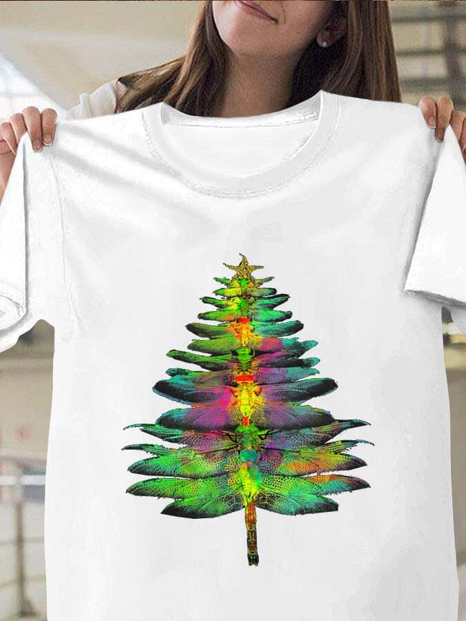 Dragonfly Christmas Tree Print Crew Neck T-Shirt