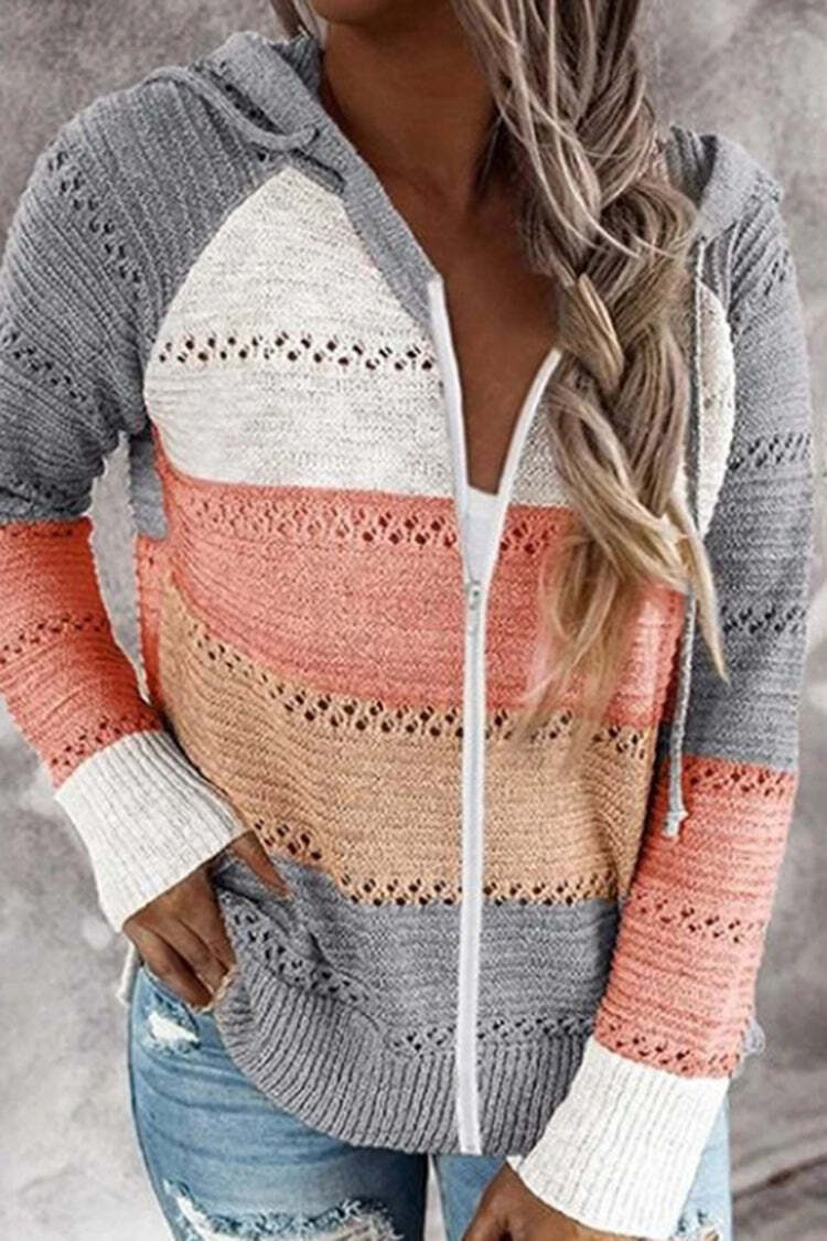 Casual Contrast Panel Striped Hooded Knit Cardigan