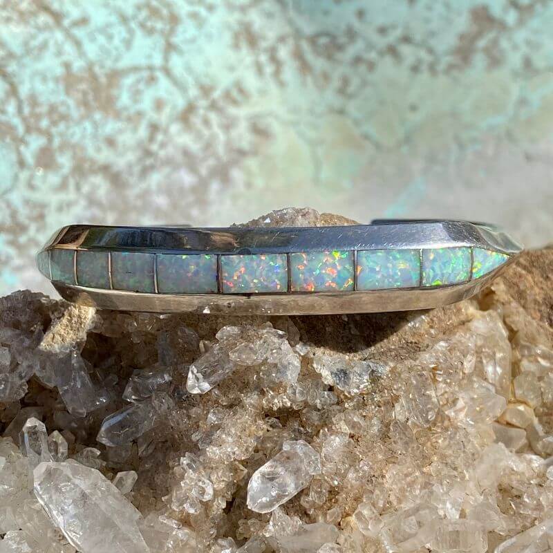 Navajo Opal Inlay Sterling Silver Cuff Bracelet By Nathaniel Johnson
