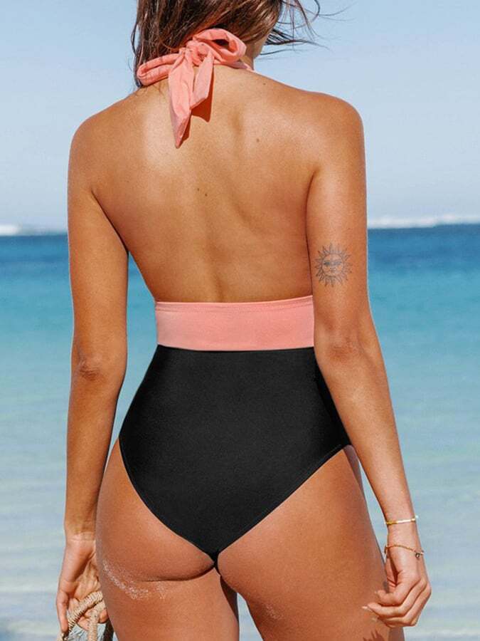 Sexy Contrast Color Pleated Open Back Swimsuit