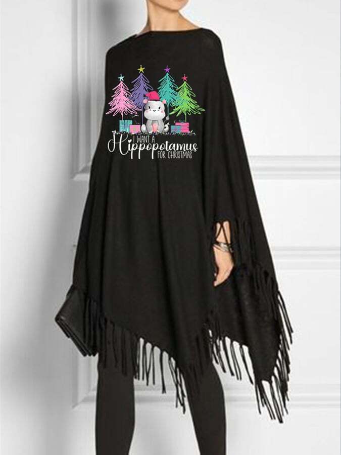 Christmas Hippo Casual Printed Fringe Top