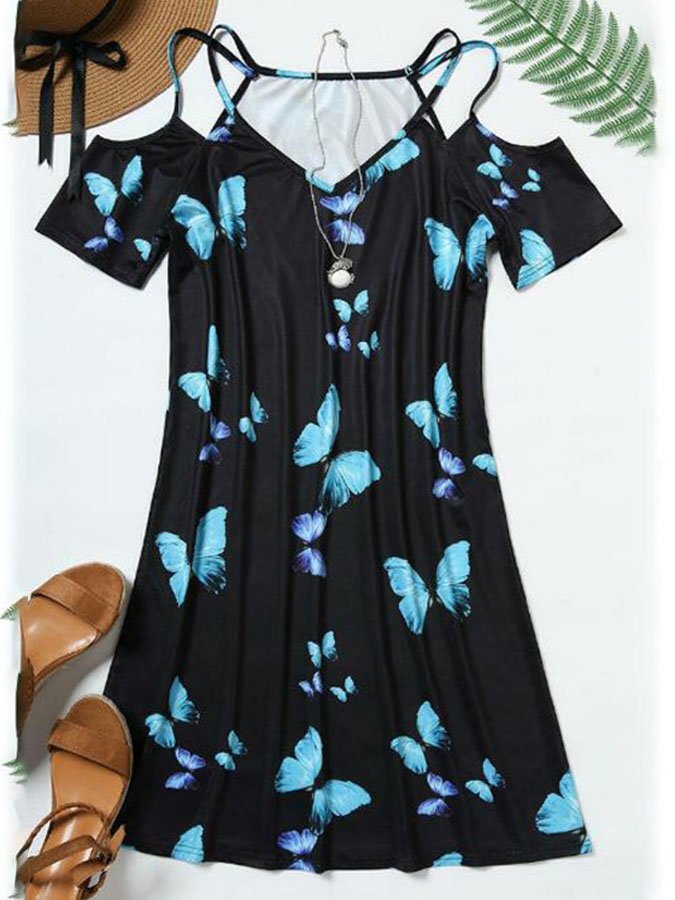 Butterfly Print Off-The-Shoulder Dress
